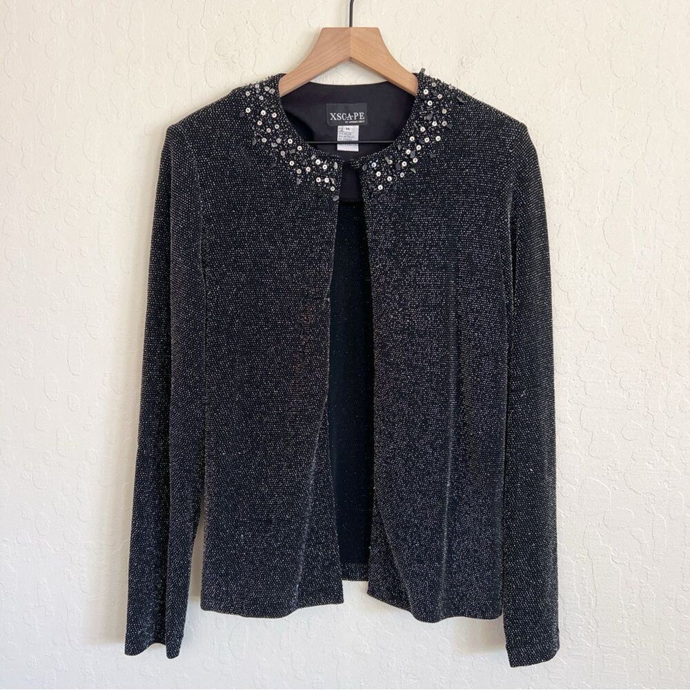 Xscape Sparkly Beaded Glitter Cardigan Topper size Medium Black Formal Party